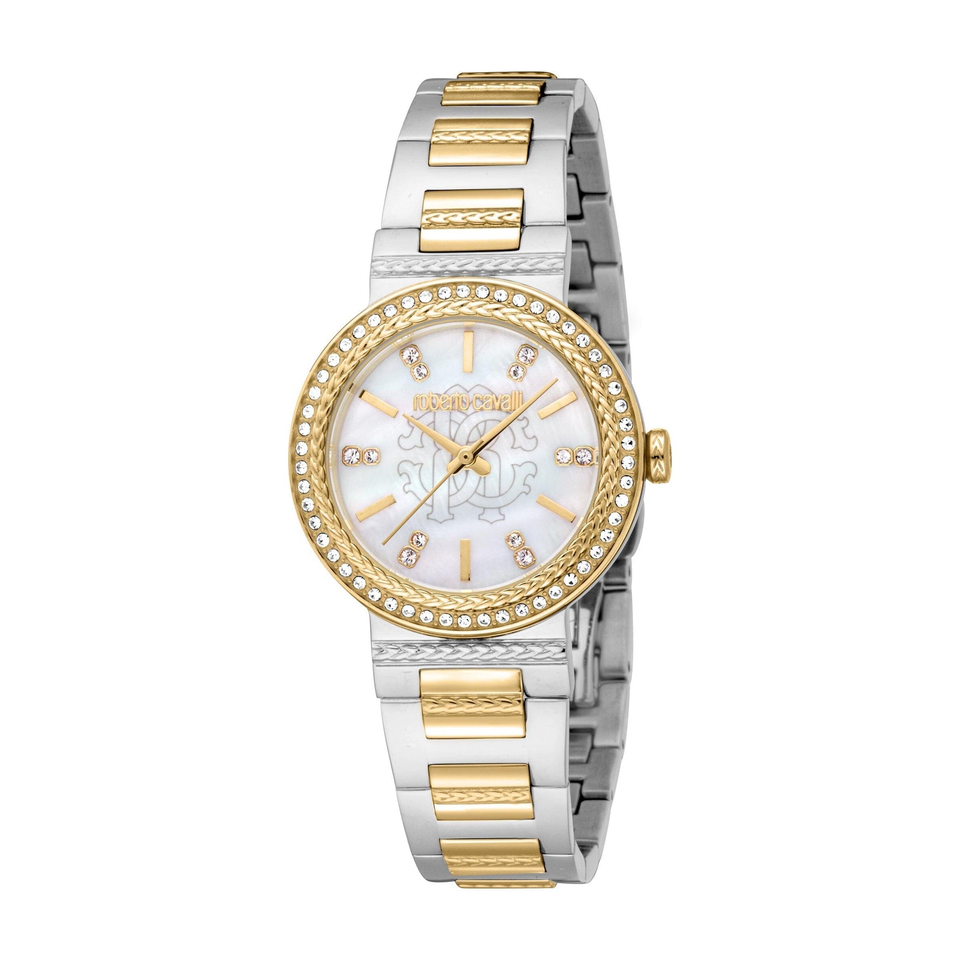 Gevril-Luxury-Swiss-Watches-Roberto Cavalli Women's Glam White MOP Two Tone Silver & Gold Quartz Watch-
