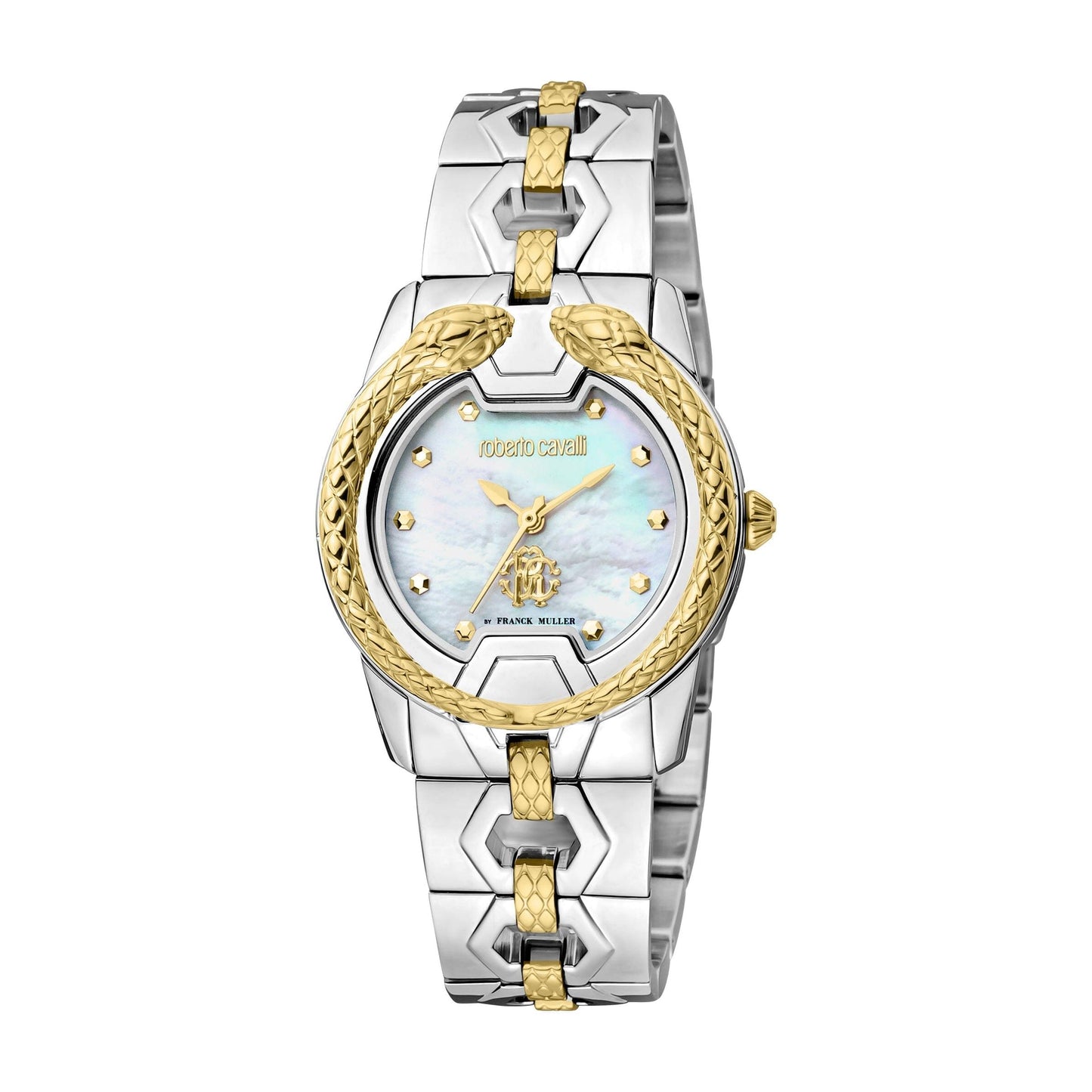 Gevril-Luxury-Swiss-Watches-Roberto Cavalli by Franck Muller Women's White MOP Two Tone Silver & Gold Quartz Watch-