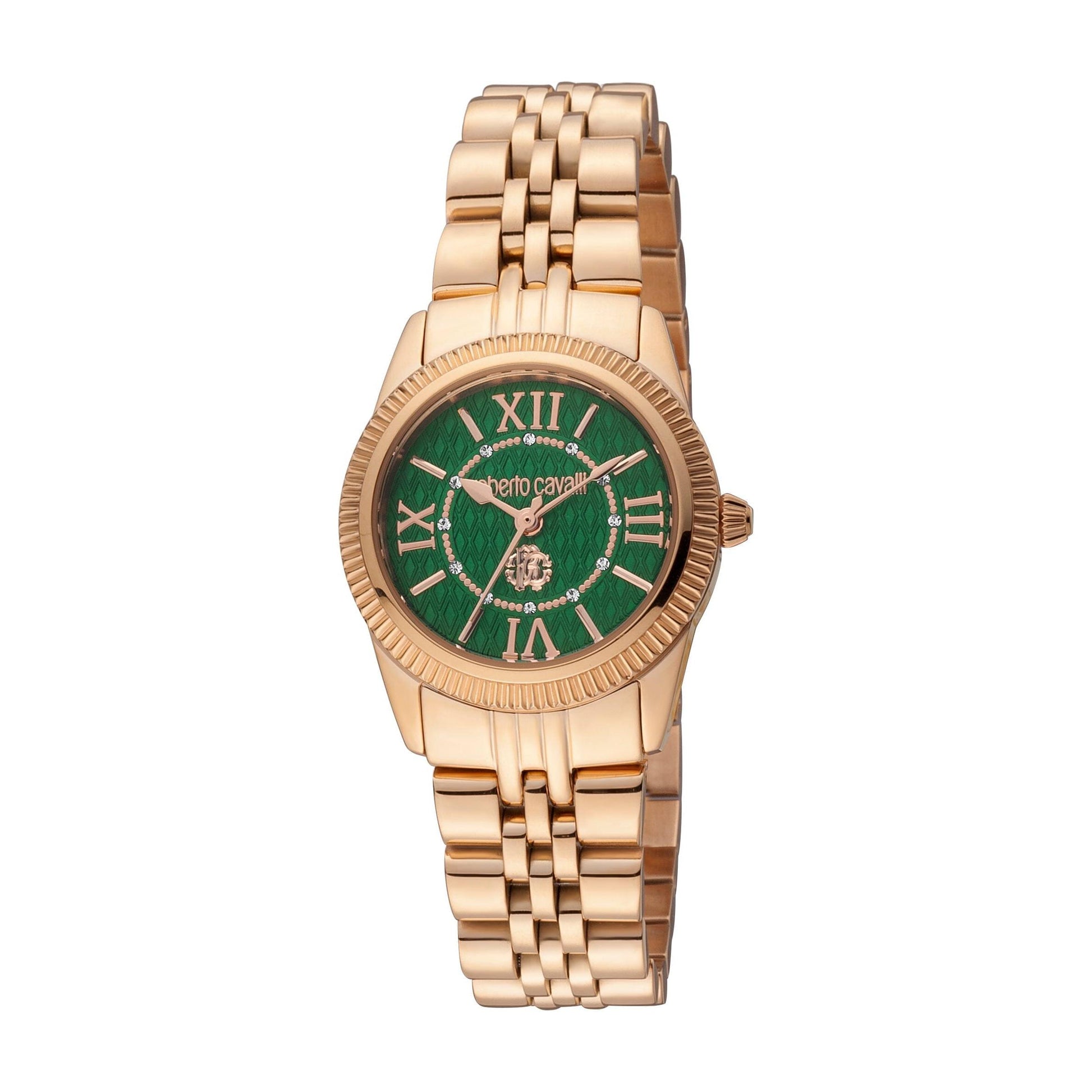 Gevril-Luxury-Swiss-Watches-Roberto Cavalli Women's Mini Dark Green Dial Rose Gold Quartz Watch-