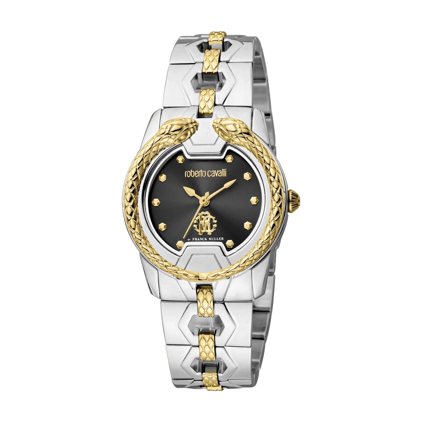 Gevril-Luxury-Swiss-Watches-Roberto Cavalli by Franck Muller Women's Black Dial Two Tone Silver & Gold Quartz Watch-